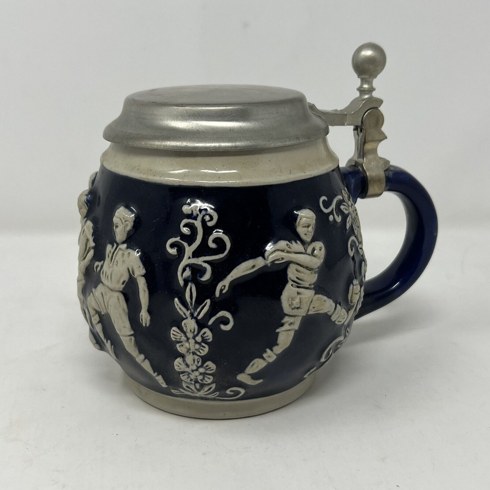 Vintage Blue West German Art Deco Lidded Beer Stein Soccer Football
